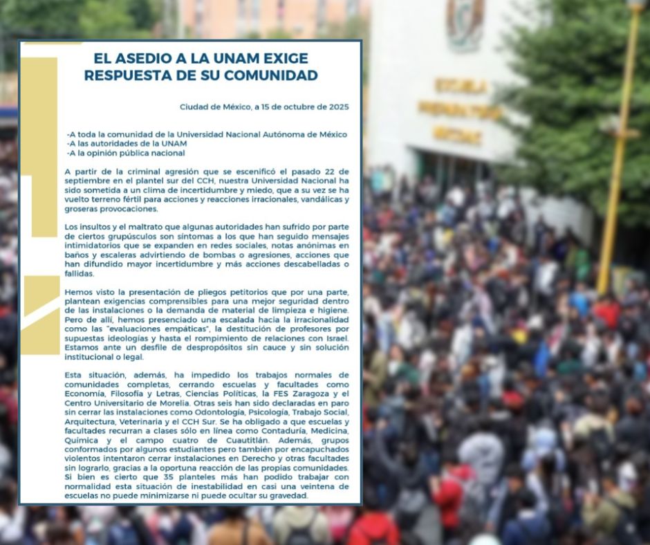 UNAM llama a recuperar la vida universitaria mediante diálogo en medio de cierres