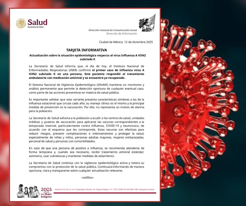 México registra su primer contagio de influenza A-H3N2 subtipo K; dictan medidas preventivas