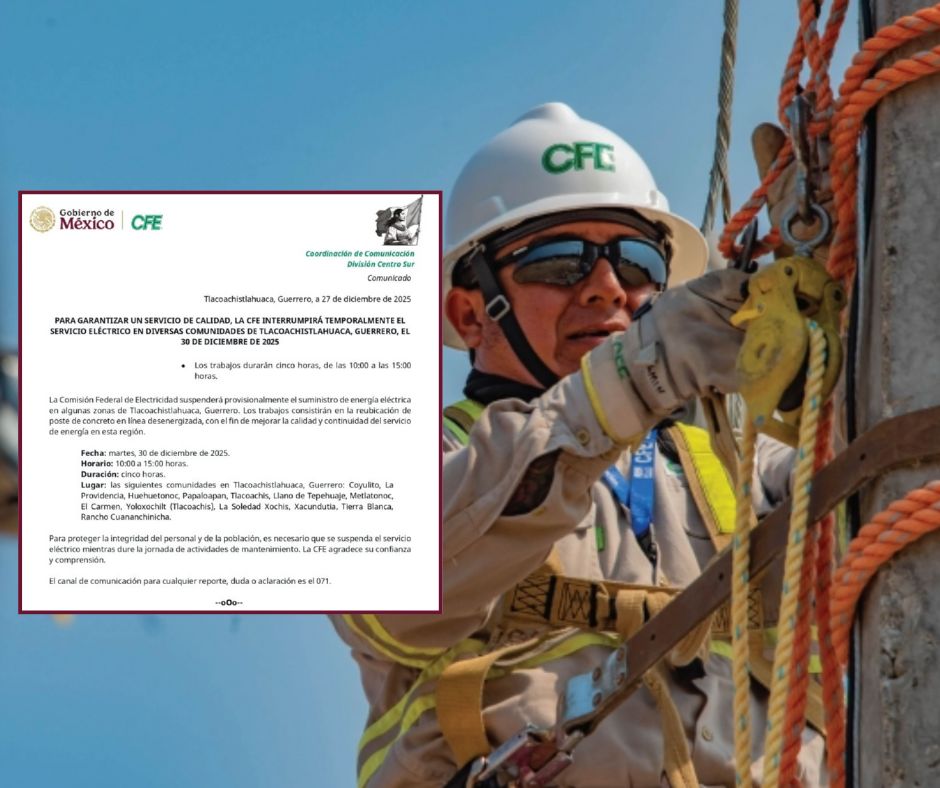 Apagón programado en Guerrero: CFE suspenderá el servicio eléctrico por mantenimiento programado