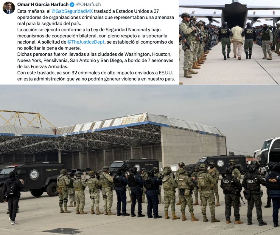 México concreta tercer traslado de 37 reclusos a Estados Unidos bajo acuerdo de no pena capital