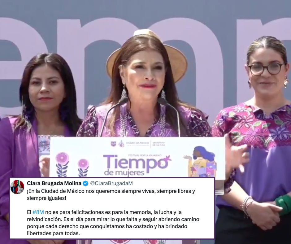 Festival por el 8M en el Zócalo se lleva acabo entre reclamos frente a Clara Brugada