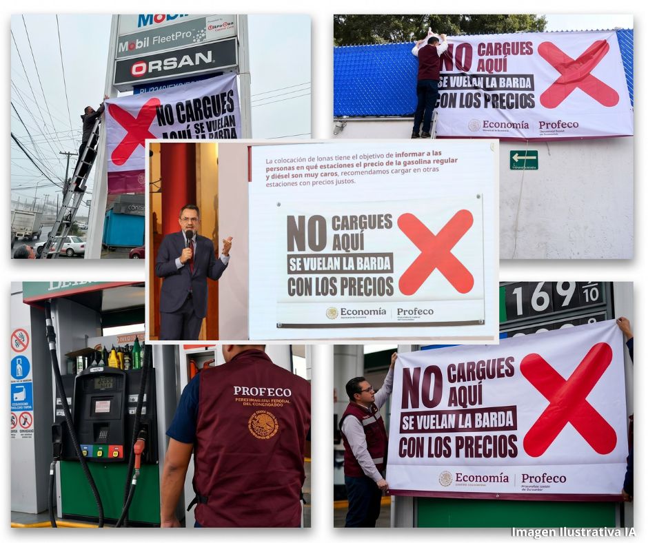 Profeco exhibe gasolineras con lonas por diésel caro mientras Hacienda reduce 81% del IEPS