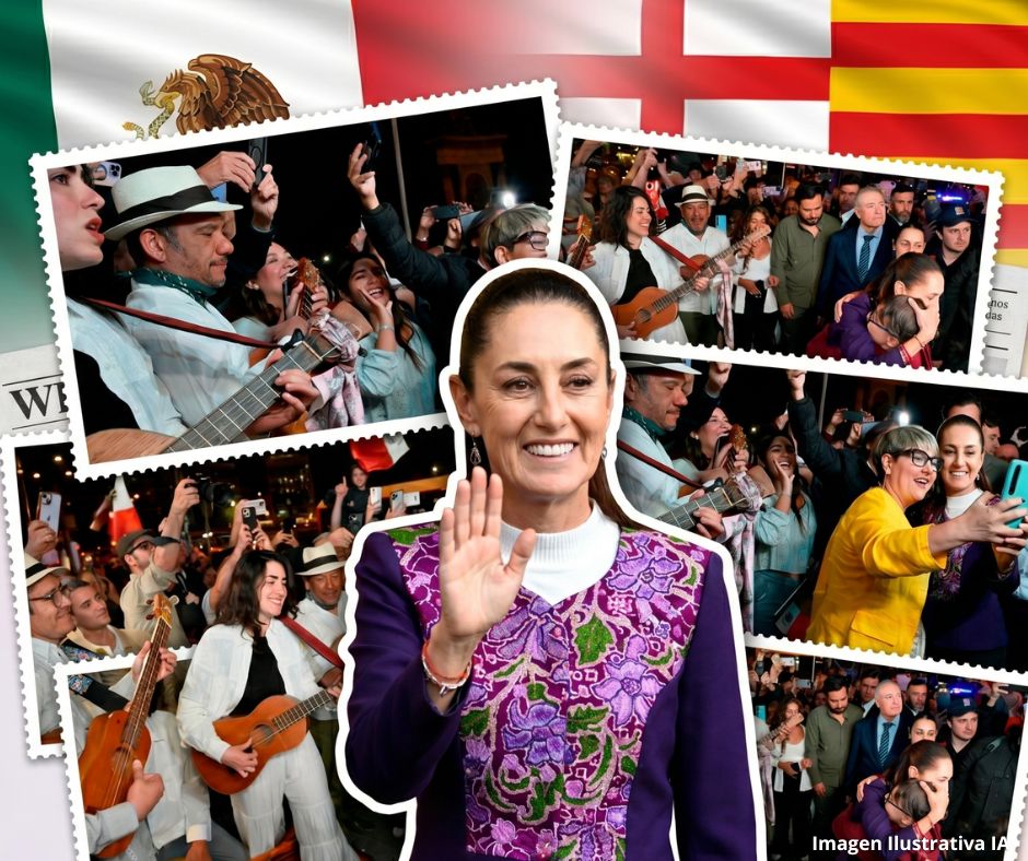 Viva la paz: Sheinbaum aterriza en Barcelona para cumbre entre consignas y música