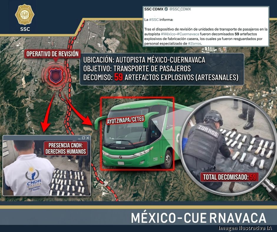 Operativo asegura 59 explosivos artesanales en autobús vinculado a movilización de Ayotzinapa 